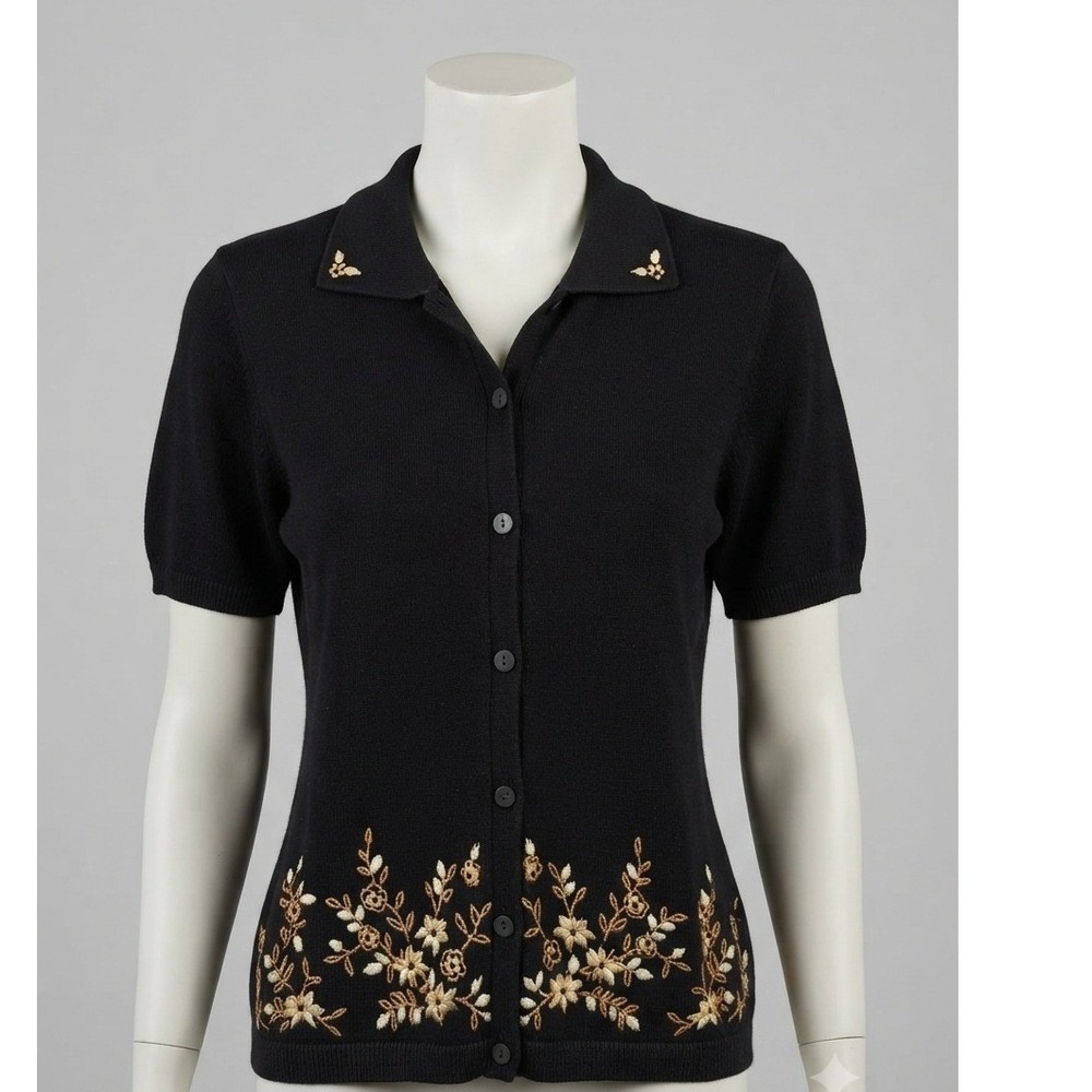 Alfred Dunner Womens‎ Black Floral Embroidered Knit Cardigan Large short sleeve